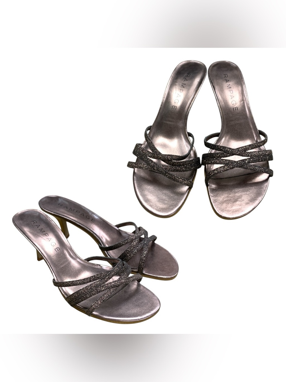 Rampage Metallic Gray Strappy Mule Heels S6